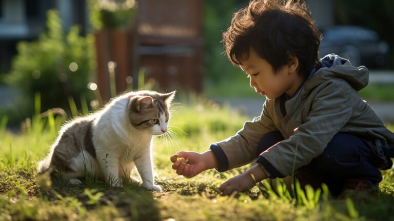 a photo of a child playing with a cat showing what children learn from animals