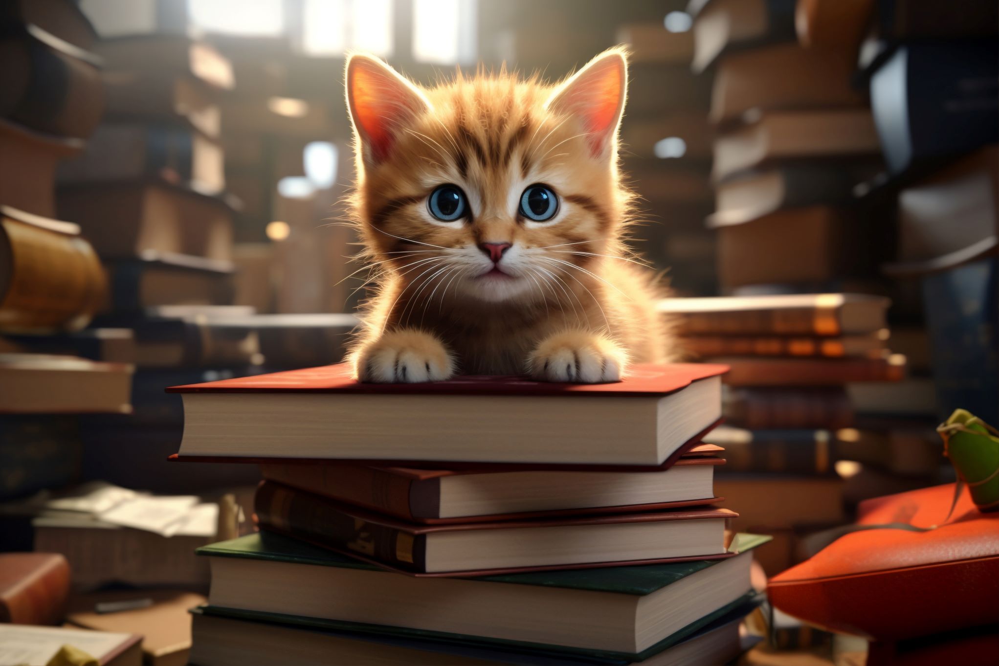 a photo of a kitten on books creatively portraying animal fiction