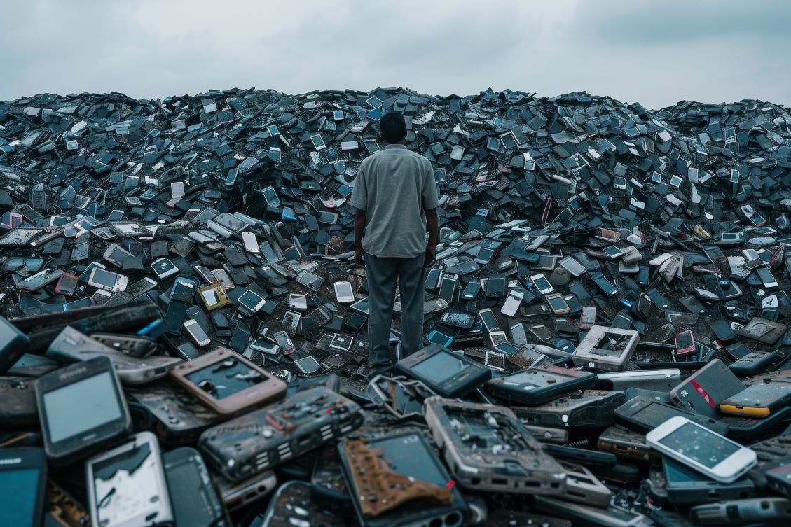 a photo of a person standing on discarded phones showing materialism affecting society