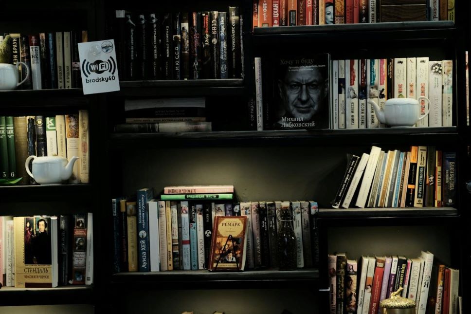 A lot of books on the wall-shelves.