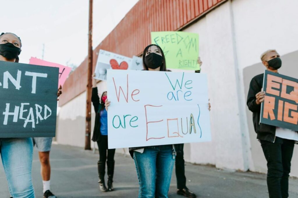 A crowd protesting equal rights.